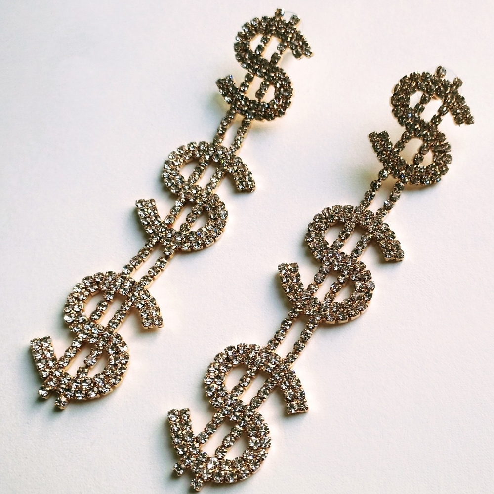 4" Gold Stud Rhinestone $$$ Sign Dangle Earrings - Picture 2 of 5